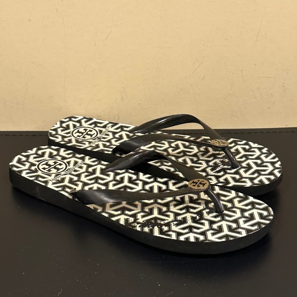 Tory Burch Women Black White Geometric Logo Flip Flop Sandals size 10